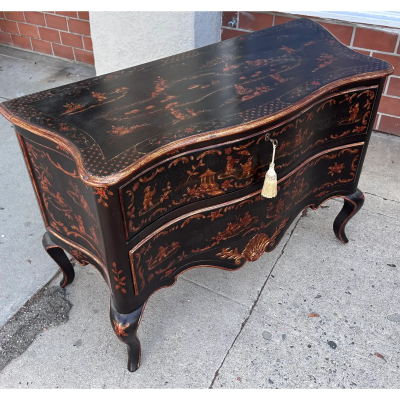 Burton Ching Louis XVI Style Black Gold Chinoiserie Commode