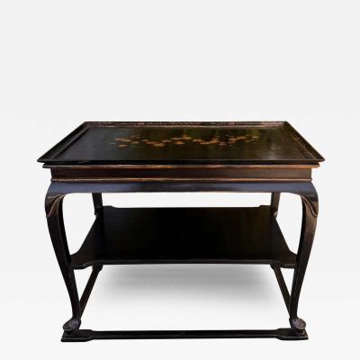 Burton Ching Ming Style Black Gold Chinoiserie Two Tier Table