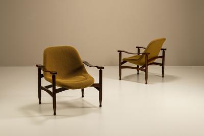 Busnelli Pair of Tiki Armchairs in Ochre Fabric by Busnelli Italy 1960s