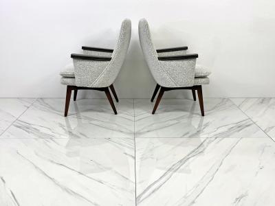 Button Tufted Mid Century Modern Lounge Chairs in Salt Pepper Boucle Walnut