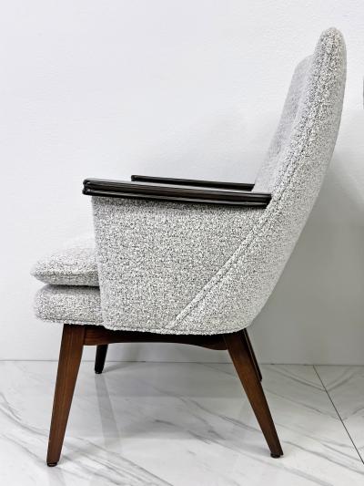 Button Tufted Mid Century Modern Lounge Chairs in Salt Pepper Boucle Walnut