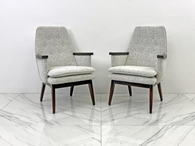 Button Tufted Mid Century Modern Lounge Chairs in Salt Pepper Boucle Walnut
