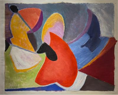C Riboud Mid Century Cubist Abstract Painting Architectural Composition