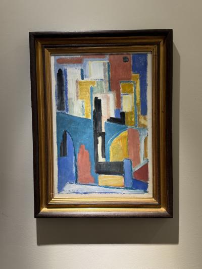 C Riboud Mid Century Cubist Abstract Painting Architectural Composition