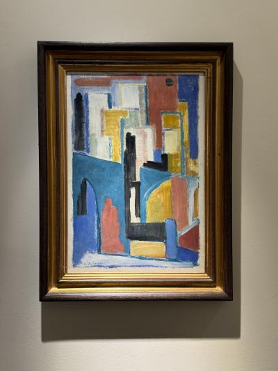 C Riboud Mid Century Cubist Abstract Painting Architectural Composition