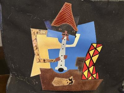 CARLOS FALCHI PICASSO STYLE THE FLAUTIST SNAKESKIN LIZARD FABRIC HANDBAG WALLET SET