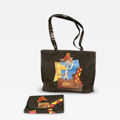 CARLOS FALCHI PICASSO STYLE THE FLAUTIST SNAKESKIN LIZARD FABRIC HANDBAG WALLET SET