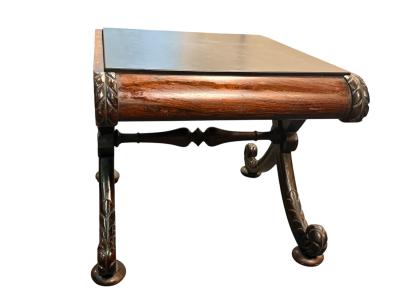 CARVED MAHOGANY PRINCE OF WALES PLUME X BASE SLATE TOP TABLE