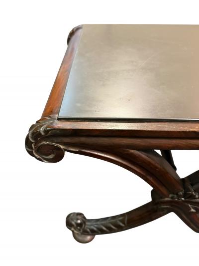 CARVED MAHOGANY PRINCE OF WALES PLUME X BASE SLATE TOP TABLE