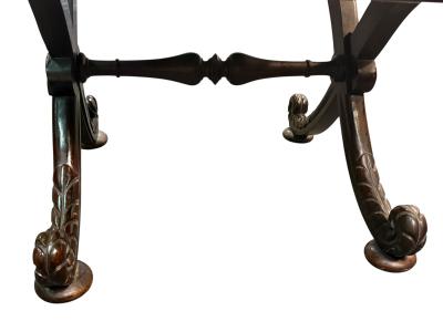 CARVED MAHOGANY PRINCE OF WALES PLUME X BASE SLATE TOP TABLE