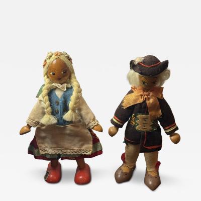 CHARMING 1940S POLISH HANDMADE WOODEN DOLL COUPLE