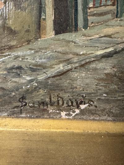 CHARMING PAIR SIGNED EUROPEAN STREET SCENE OIL PAINTINGS IN ORIGINAL GILT FRAMES