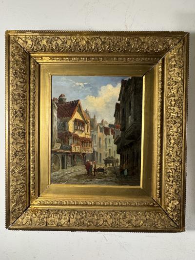 CHARMING PAIR SIGNED EUROPEAN STREET SCENE OIL PAINTINGS IN ORIGINAL GILT FRAMES