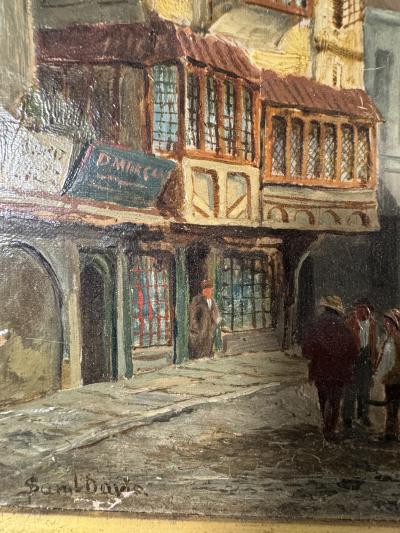 CHARMING PAIR SIGNED EUROPEAN STREET SCENE OIL PAINTINGS IN ORIGINAL GILT FRAMES