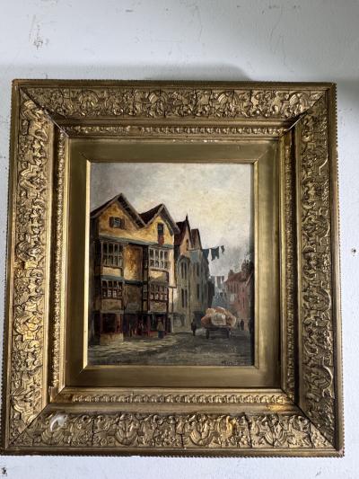 CHARMING PAIR SIGNED EUROPEAN STREET SCENE OIL PAINTINGS IN ORIGINAL GILT FRAMES