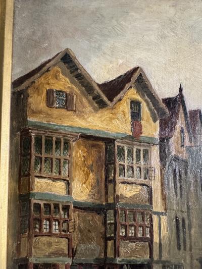 CHARMING PAIR SIGNED EUROPEAN STREET SCENE OIL PAINTINGS IN ORIGINAL GILT FRAMES