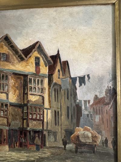 CHARMING PAIR SIGNED EUROPEAN STREET SCENE OIL PAINTINGS IN ORIGINAL GILT FRAMES