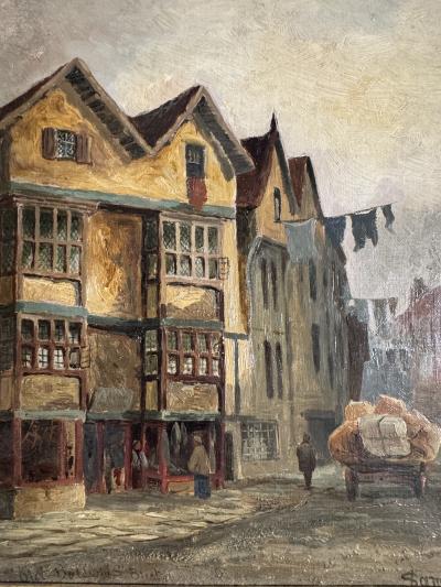 CHARMING PAIR SIGNED EUROPEAN STREET SCENE OIL PAINTINGS IN ORIGINAL GILT FRAMES
