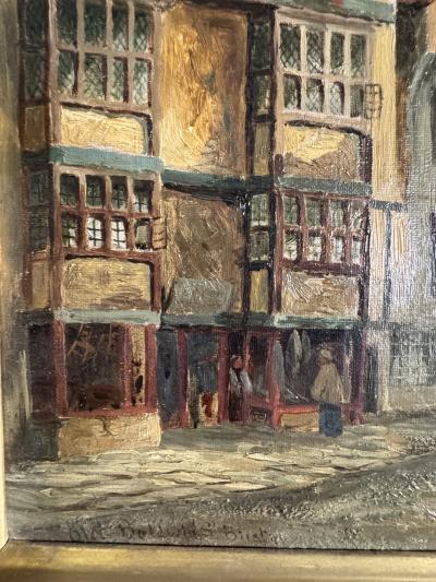 CHARMING PAIR SIGNED EUROPEAN STREET SCENE OIL PAINTINGS IN ORIGINAL GILT FRAMES