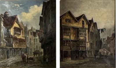 CHARMING PAIR SIGNED EUROPEAN STREET SCENE OIL PAINTINGS IN ORIGINAL GILT FRAMES