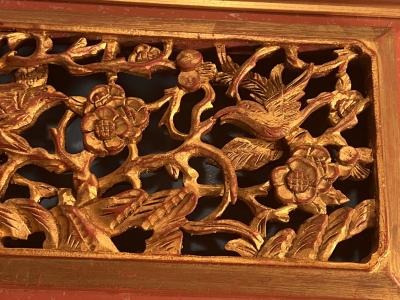 CHINOISERIE GILT WOOD CARVED PLAQUE WITH BIRDS AMONGST FLOWERING FRUIT TREE