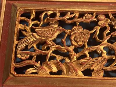 CHINOISERIE GILT WOOD CARVED PLAQUE WITH BIRDS AMONGST FLOWERING FRUIT TREE