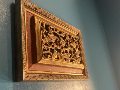 CHINOISERIE GILT WOOD CARVED PLAQUE WITH BIRDS AMONGST FLOWERING FRUIT TREE