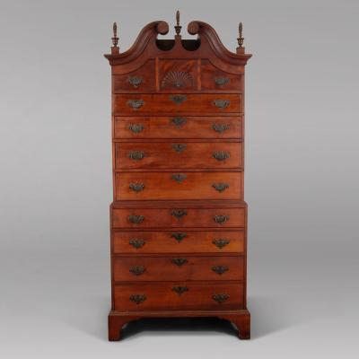 CHIPPENDALE BONNET TOP CHEST ON CHEST WITH CARVED FAN DRAWER FACE