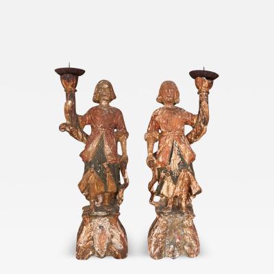 CIRCA 1650 1700 Italian Baroque Carved Wood Angel Figure Candlesticks