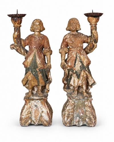CIRCA 1650 1700 Italian Baroque Carved Wood Angel Figure Candlesticks
