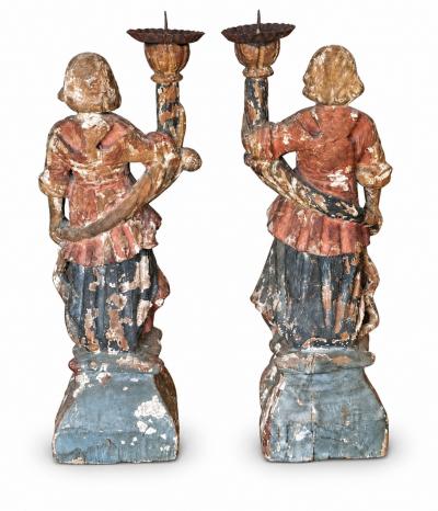 CIRCA 1650 1700 Italian Baroque Carved Wood Angel Figure Candlesticks