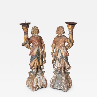 CIRCA 1650 1700 Italian Baroque Carved Wood Angel Figure Candlesticks