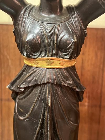 CLAUDE FRANCOIS RABIAT EXTRAORDINARY PAIR OF FIRE GILT AND DARK BRONZE GODDESS SIX LIGHT CANDELABRA