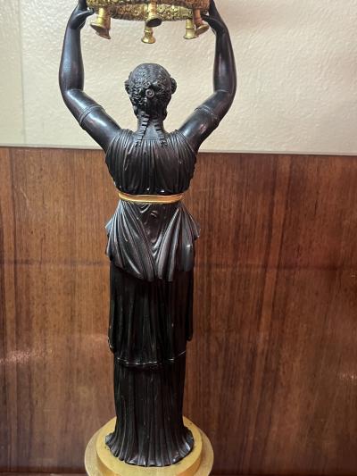 CLAUDE FRANCOIS RABIAT EXTRAORDINARY PAIR OF FIRE GILT AND DARK BRONZE GODDESS SIX LIGHT CANDELABRA