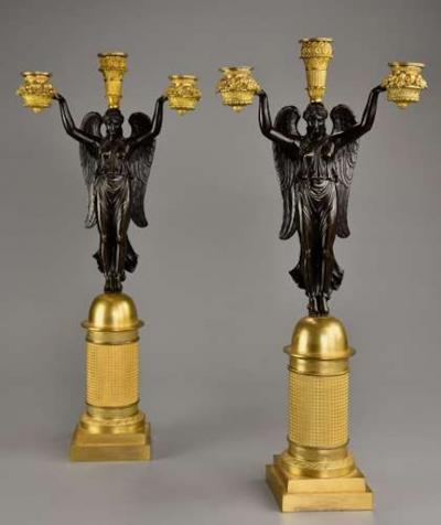 CLAUDE FRANCOIS RABIAT Pair of French Empire bronze gilt bronze candelabra signed Rabiat