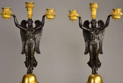 CLAUDE FRANCOIS RABIAT Pair of French Empire bronze gilt bronze candelabra signed Rabiat