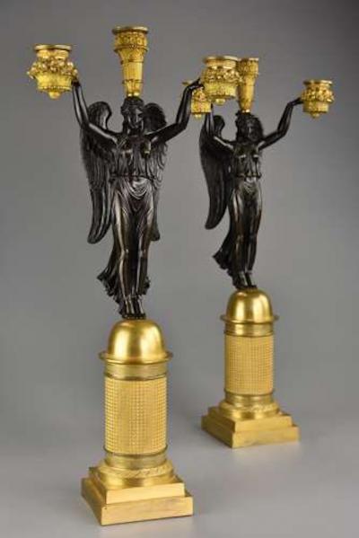 CLAUDE FRANCOIS RABIAT Pair of French Empire bronze gilt bronze candelabra signed Rabiat