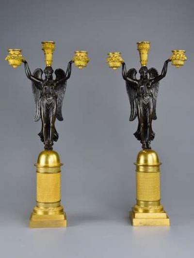 CLAUDE FRANCOIS RABIAT Pair of French Empire bronze gilt bronze candelabra signed Rabiat