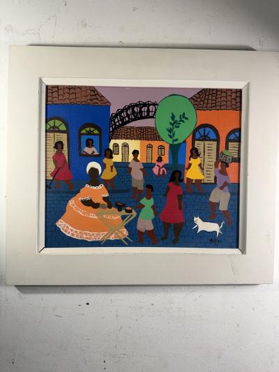 COLORFUL MODERN HAITIAN MARKET SCENE WITH WHITE CAT PAINTING