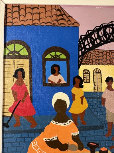 COLORFUL MODERN HAITIAN MARKET SCENE WITH WHITE CAT PAINTING