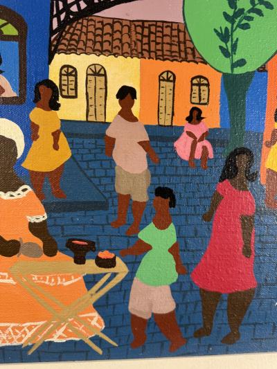 COLORFUL MODERN HAITIAN MARKET SCENE WITH WHITE CAT PAINTING