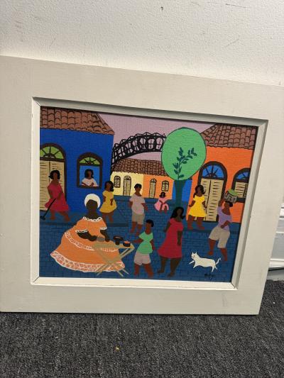 COLORFUL MODERN HAITIAN MARKET SCENE WITH WHITE CAT PAINTING