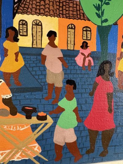 COLORFUL MODERN HAITIAN MARKET SCENE WITH WHITE CAT PAINTING