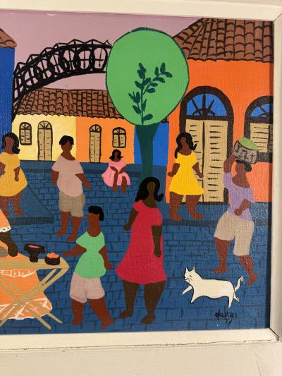 COLORFUL MODERN HAITIAN MARKET SCENE WITH WHITE CAT PAINTING