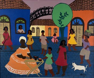 COLORFUL MODERN HAITIAN MARKET SCENE WITH WHITE CAT PAINTING