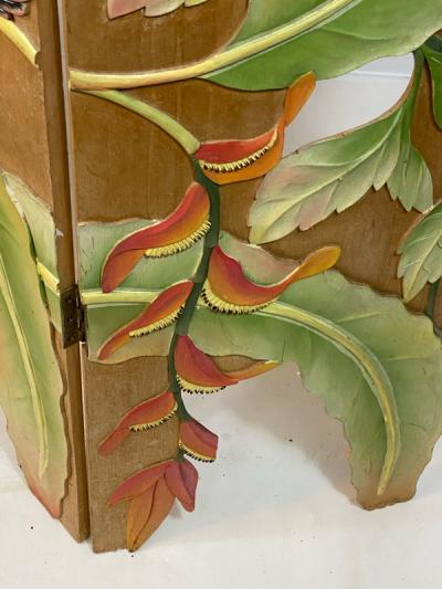 COLORFUL TROPICAL BIRDS AMONGST EXOTIC FOILAGE PAINTED CARVED WOOD ROOM SCREEN