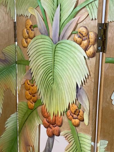 COLORFUL TROPICAL BIRDS AMONGST EXOTIC FOILAGE PAINTED CARVED WOOD ROOM SCREEN