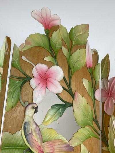 COLORFUL TROPICAL BIRDS AMONGST EXOTIC FOILAGE PAINTED CARVED WOOD ROOM SCREEN