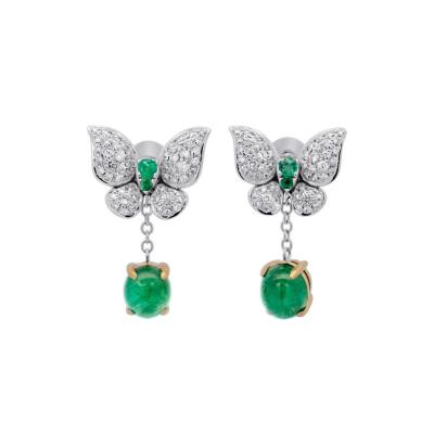 Cabochon Cut Emerald and Diamond Butterfly Drop Earrings in 18K White Gold