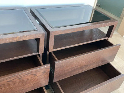 Cain Modern Pair of Nightstands by Cain Modern Made in Solid Oak and Bronzed Lucite